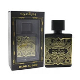 Al Fakhr Badr al Oud parfum fles en doos in zwart en goud handgemaakt